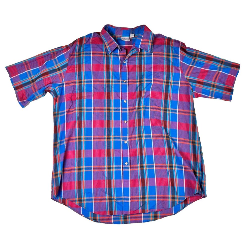 Vintage Saddlebrook Button Shirt Mens 2XL Plaid Western Short Sleeve Fun Colors